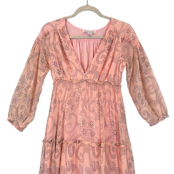 Banjanan Peach Paisley Boho Maxi Dress Sheer Tiered Lined Viscose S Cottagecore - Picture 3 of 14